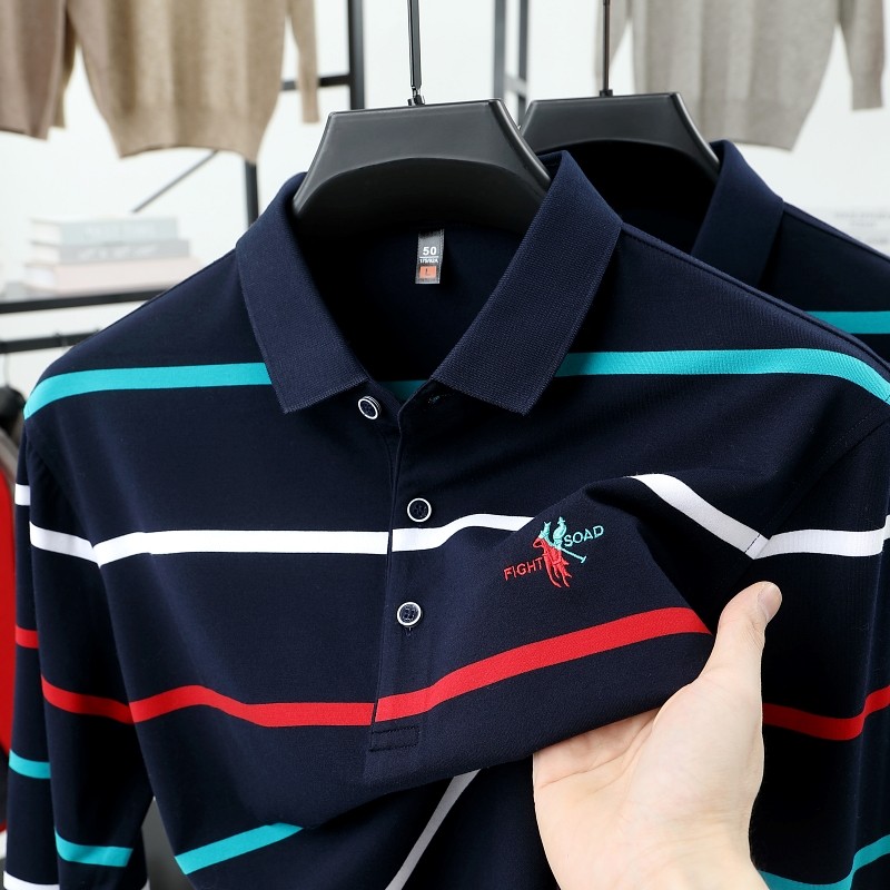 轻奢高端男士长袖t恤2025秋季新款彩色条纹POLO衫爸爸秋装打底衫,男装,Polo衫,淘宝优惠券,粉丝福利购,淘宝优惠卷