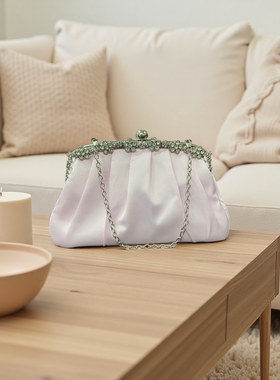 KINGLUCK晚宴手拿包女皱褶手拿包白色晚礼服镶钻包晚装包