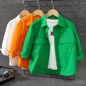 风衬衫 儿童春秋多口袋工装 绿色纯色白色上衣 男童全棉衬衫