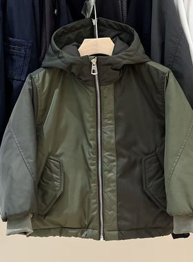 秋冬男童军绿拼色翻领棉服