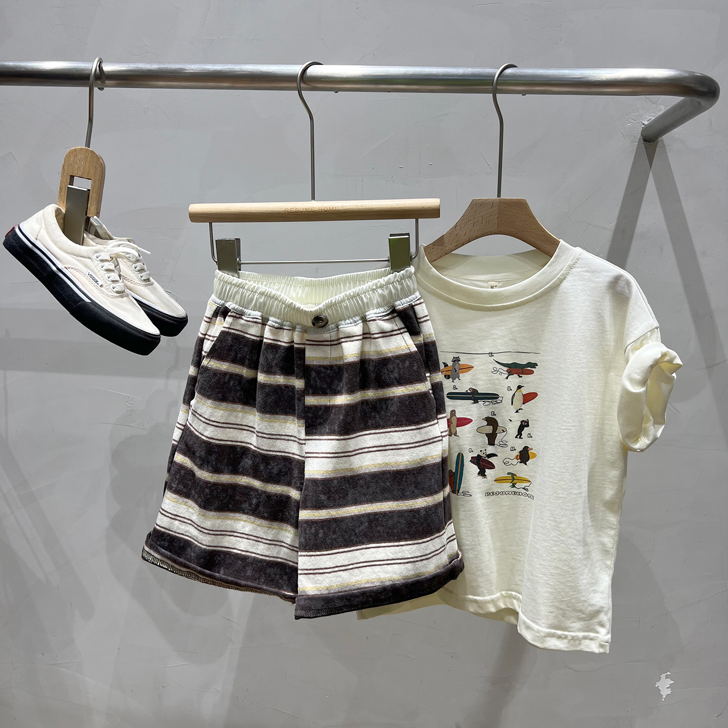 简历五分纯棉短裤条纹宽松裤子