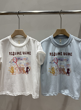 RESUMEHOME简历童装2025夏季男女童小猫咪图案短袖T恤儿童半袖潮