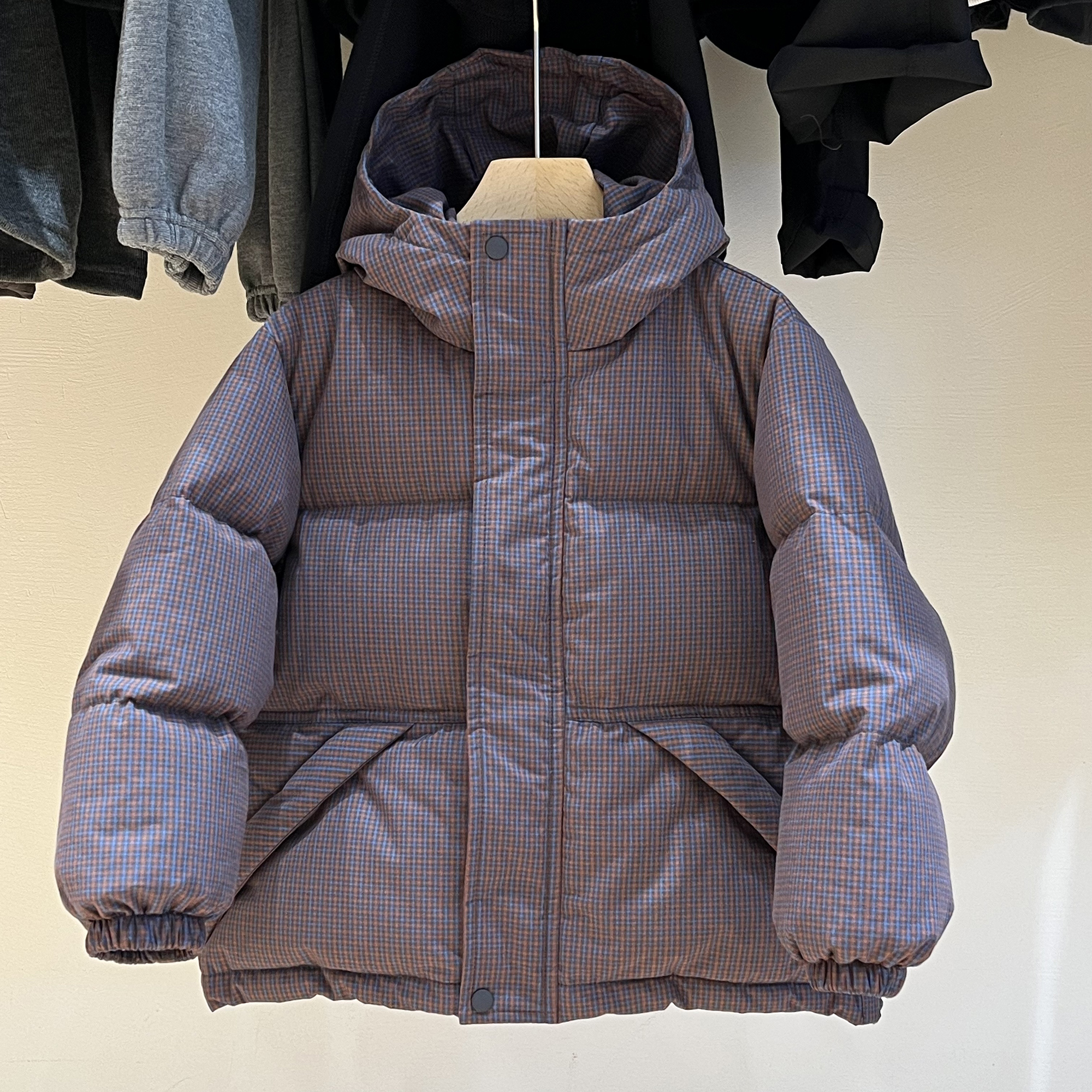 简历儿童中童连帽格子羽绒服外套