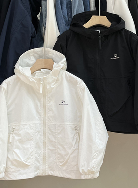 RESUMEHOME简历童装春秋中大童白色连帽外套宝宝帅气黑色防晒上衣