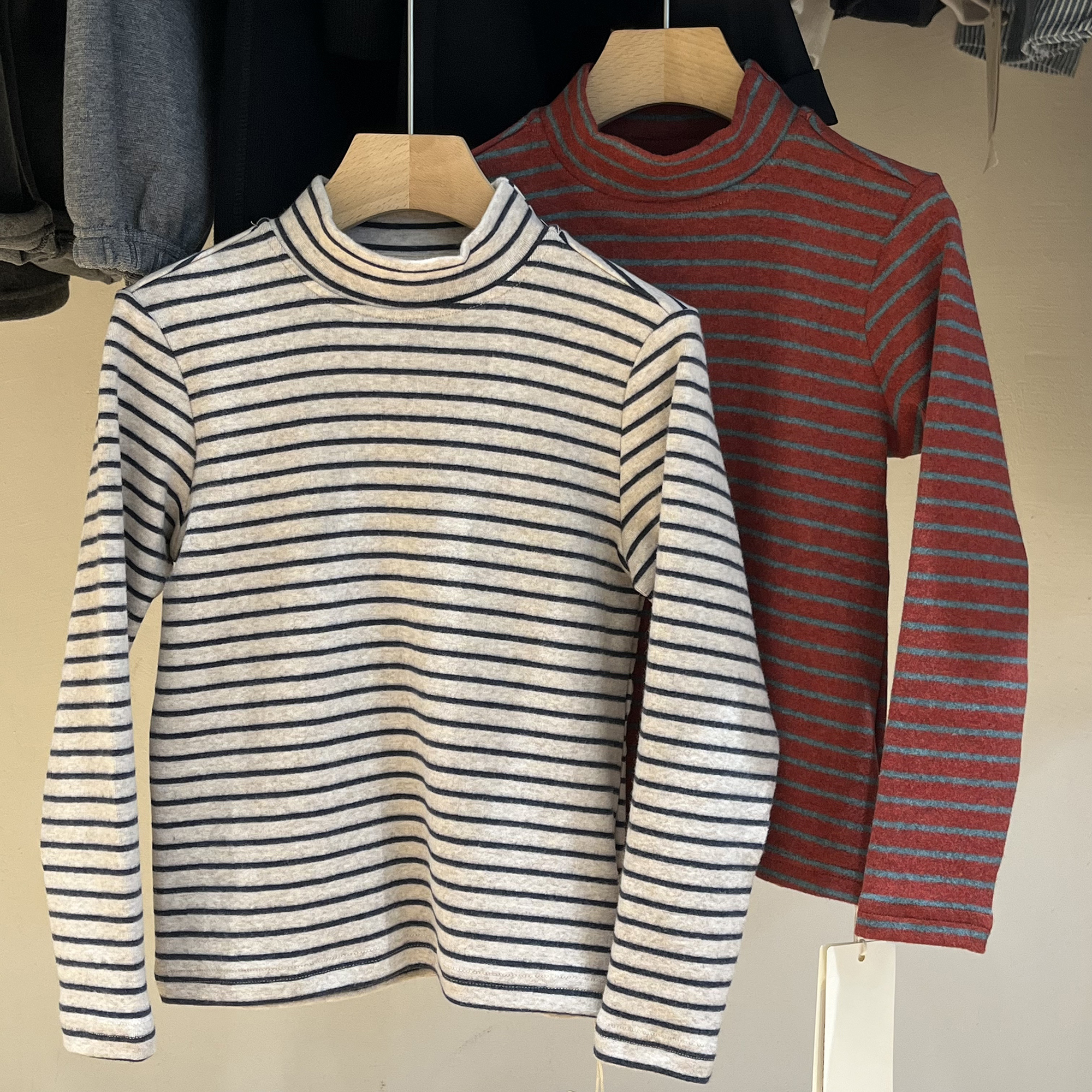 简历童装儿童半高领磨毛条纹T恤