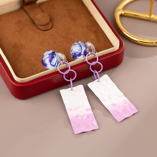 波纹肌理感渐变紫色长方形几何耳环个性清新高级无耳洞耳夹蚊香盘