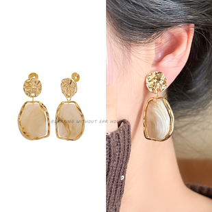 灰色椭圆石坠耳环波纹几何不规则耳饰低调显贵高级感耳夹免打耳洞