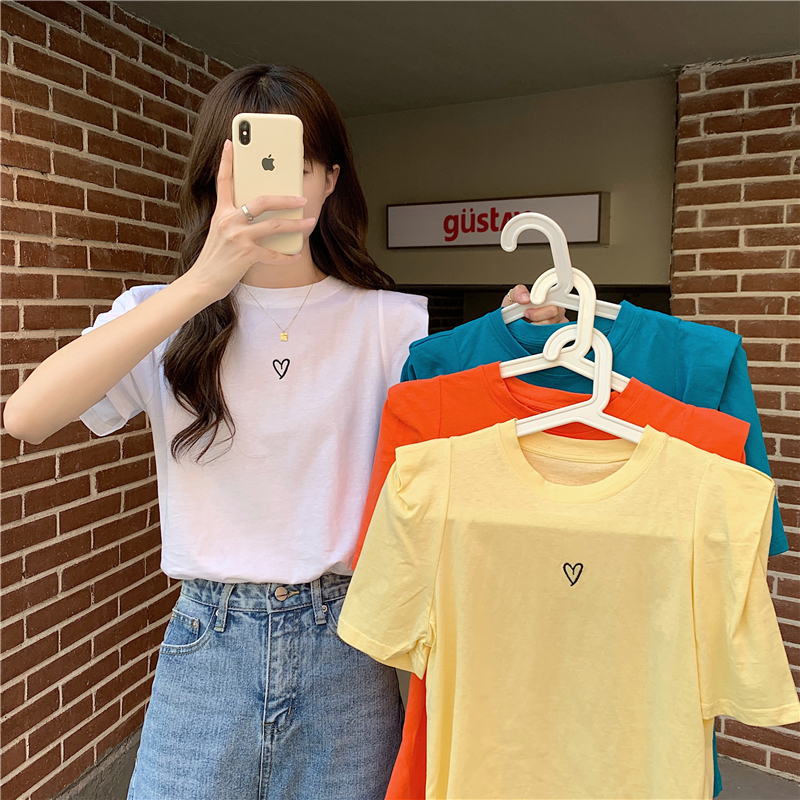 Real price early spring new top simple embroidery versatile round neck short sleeve student T-shirt