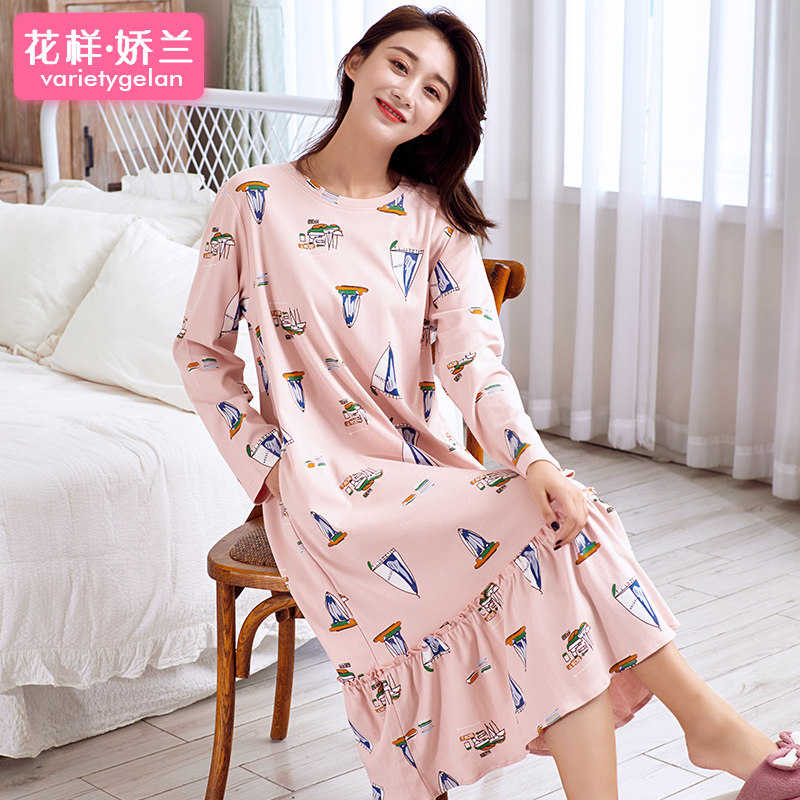 秋冬装睡裙女式全棉长袖新款长裙带口袋家居服纯棉睡衣女秋裙宽松