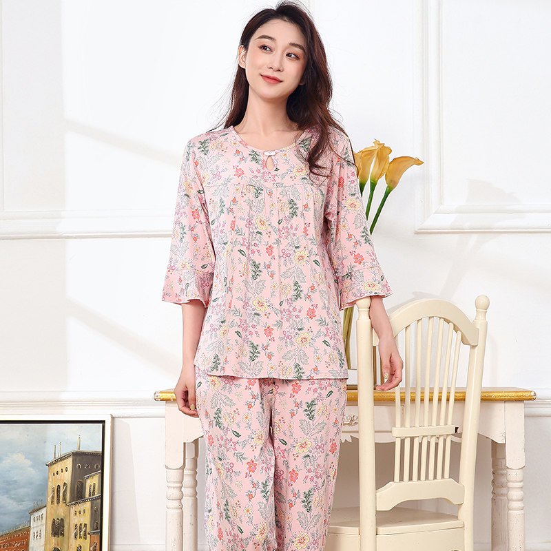 七分袖竹纤维薄款花色睡衣女夏款九分裤长裤套装居家服春宽松舒服