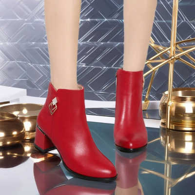 头层牛皮红色短靴女中跟