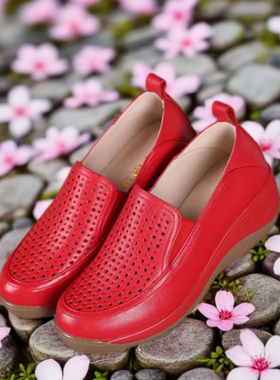 大红色软底女鞋镂空透气单鞋女2025春季新款真皮妈妈鞋子厚底皮鞋