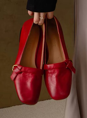 软底软面舒适女鞋新款红色小皮鞋真皮低跟方头浅口单鞋2026年新款