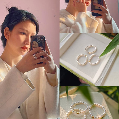 叠戴神器！亮过海水ak的天然极光baby珍珠小米珠戒指弹力绳 纯银