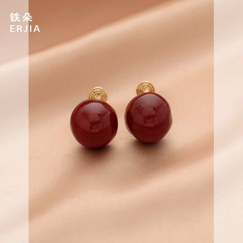 无耳洞甜美红豆耳钉小巧可爱红色半圆形耳环高级感日常蚊香盘耳夹