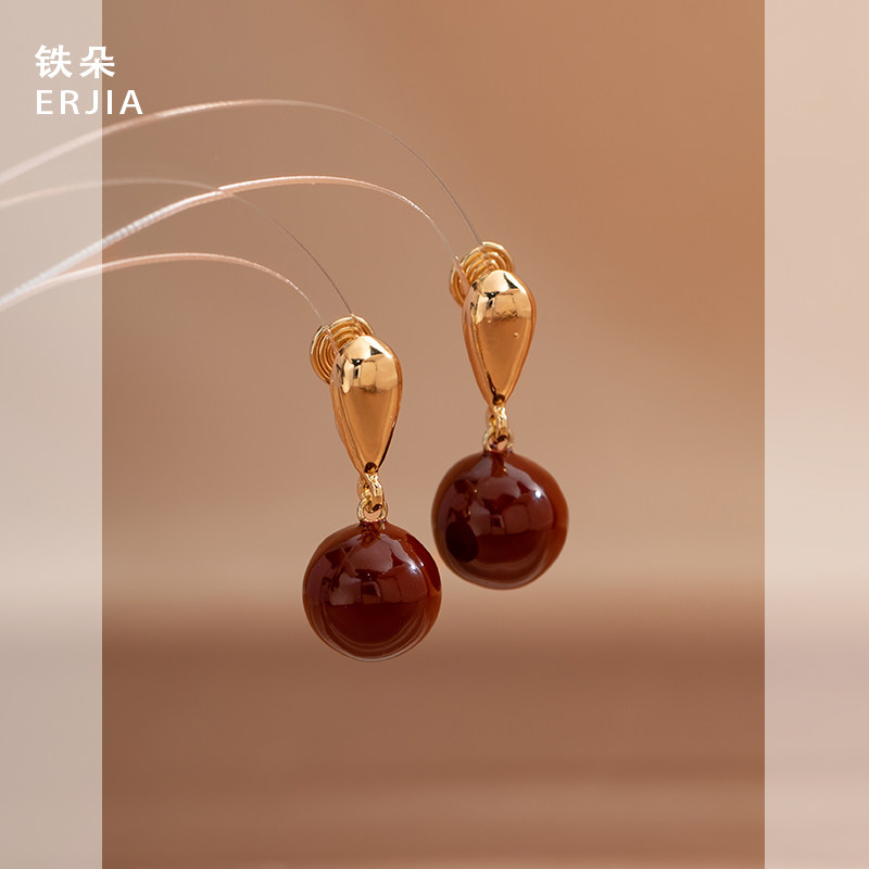 水滴形耳钉酒红色珍珠无耳洞耳夹