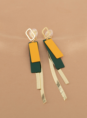 圆脸显瘦日韩撞色方形流苏耳环时尚气质百搭高级蚊香盘耳夹无耳洞