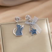 日系软萌趣味猫咪不对称耳钉创意星星蝴蝶结无痛蚊香盘耳夹无耳洞