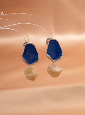 克莱因蓝色菱形耳针不规则吊坠耳钉复古高级感气质简约无耳洞耳夹