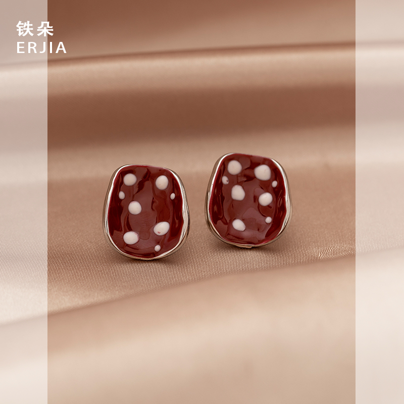 复古风银框红波点几何蚊香盘耳夹