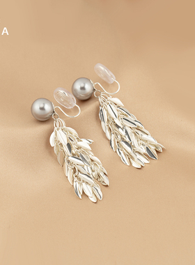 个性冷淡风叶片流苏耳钉时尚气质灰色珍珠高级感蚊香盘无耳洞耳夹