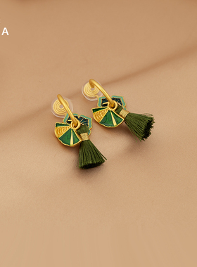 创意设计感扇子绳穗绿色耳环新中式复古高级感蚊香盘无耳洞耳夹女