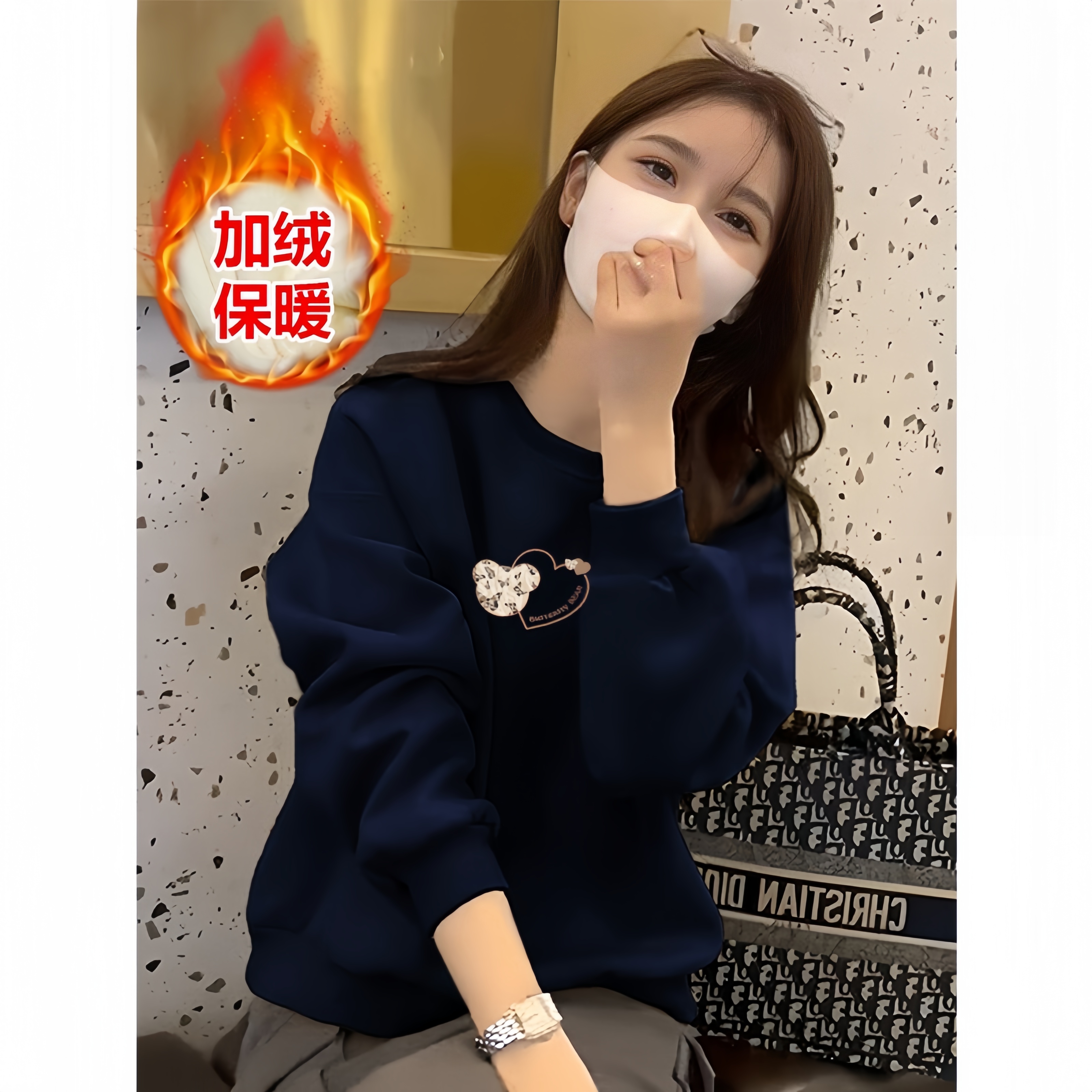 大牌圆领加绒加厚卫衣女