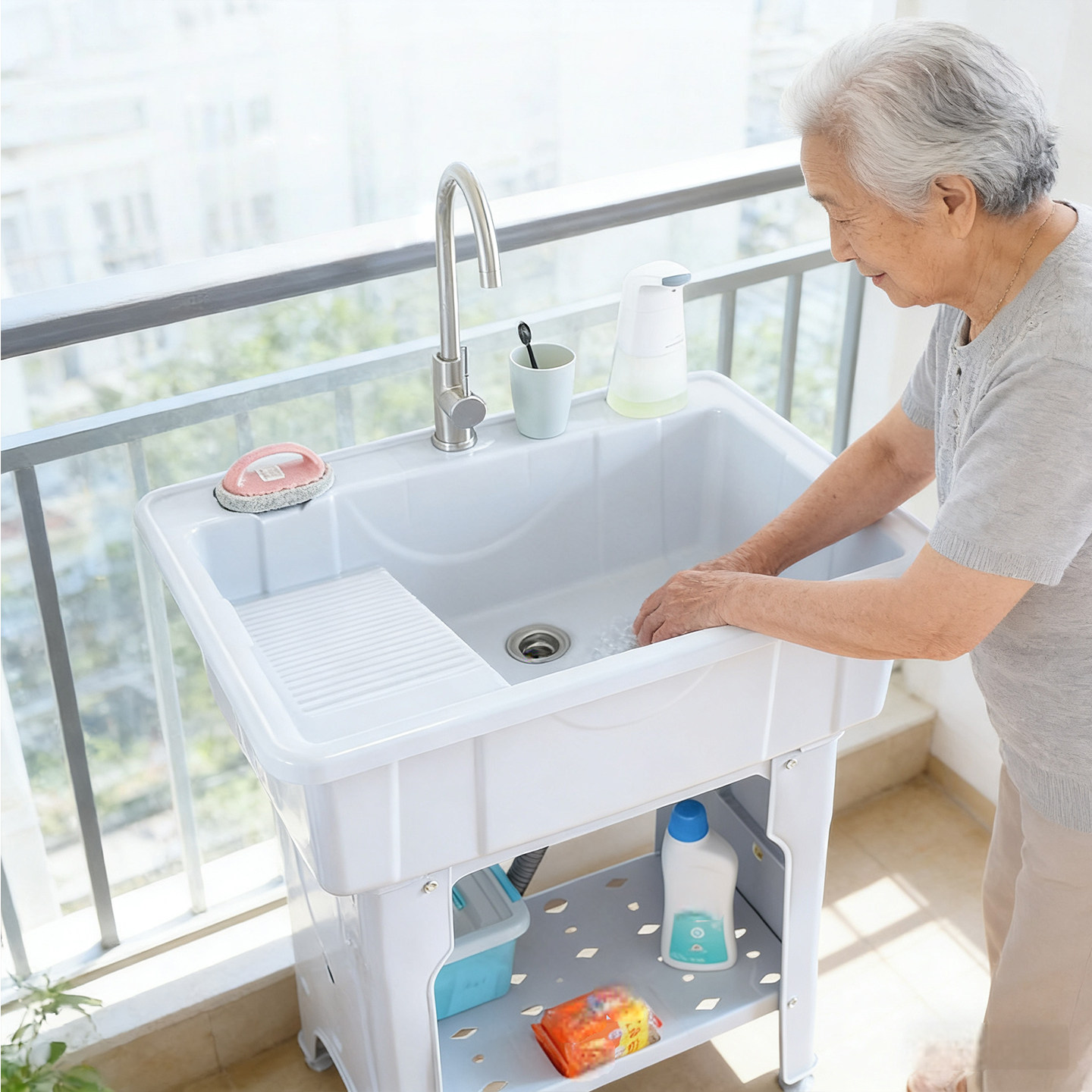 金友春塑料洗衣池阳台洗衣盆带搓板落地式洗菜盆台盆一体家用厨房