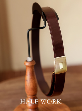 HALFWORK 头层牛皮腰带男士美式复古手工免打孔黄铜扣合页扣皮带