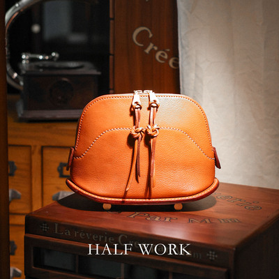 HALFWORK头层牛皮贝壳包真皮复古