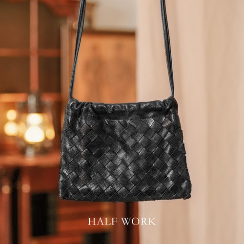 HALFWORK头层牛皮复古编织包