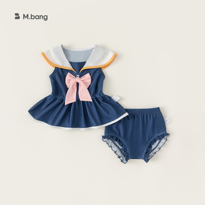 童装夏季新款女宝宝蝴蝶结海边儿童游泳衣女童海军风分体泳装