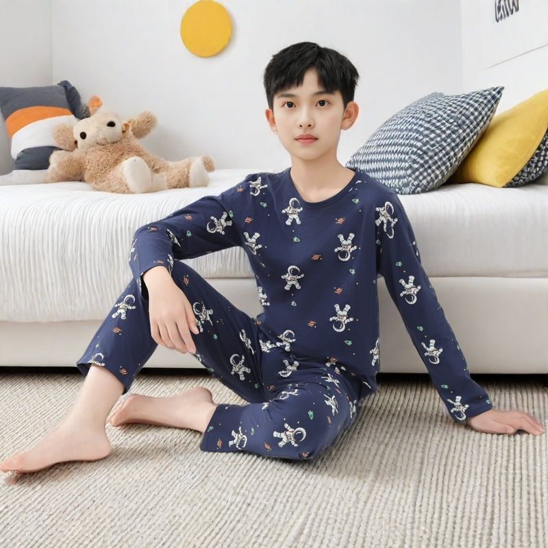 儿童睡衣套装男大童春夏季薄款纯棉中童夏天长袖九分裤长裤家居服