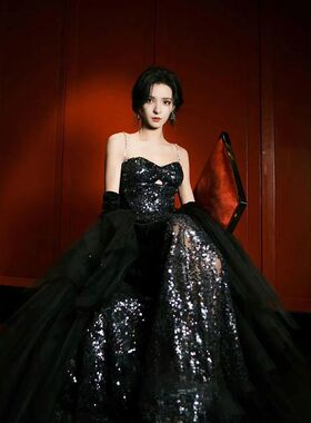 黑色赫本风抹胸晚礼服裙女轻奢小众高端高级感气质名媛年会主持人