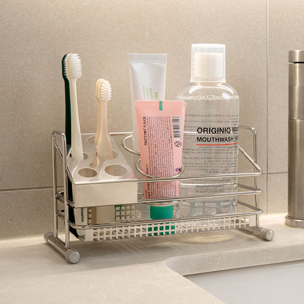 韩国代购进口304不锈钢牙刷置物架水槽台面牙杯子牙膏漱口杯架子