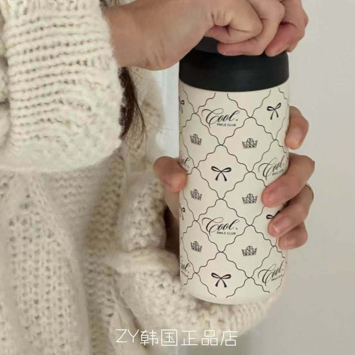 韩国代购进口超可爱蝴蝶结印花保温/保冷杯咖啡杯随行大容量水杯