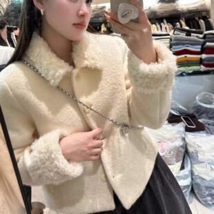 韩系小香风羊羔毛翻领呢子外套女秋冬季小个子高级感气质夹棉棉衣