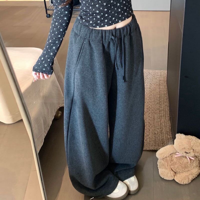 灰色加厚休闲裤女冬季裤子新款宽休闲裤