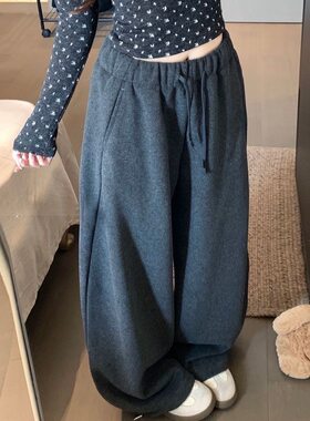 灰色加厚休闲裤女冬季裤子新款宽松阔腿裤毛呢弯刀裤白色卫裤长裤