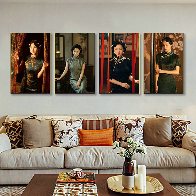 旗袍美女装饰画上海老照片玄关走廊卫生间厕所复古怀旧挂画灯箱