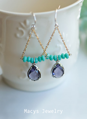 原创设计紫色和绿松石水滴耳环高级感气质小众捷克琉璃珠耳饰女
