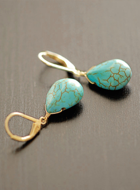 绿松石耳环丁真同款蓝色金耳钉女气质耳坠百搭s925纯银耳夹耳饰品