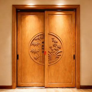 宋氏美学侘寂风实木进户门中古风入户门对开门民宿家具原木推拉门