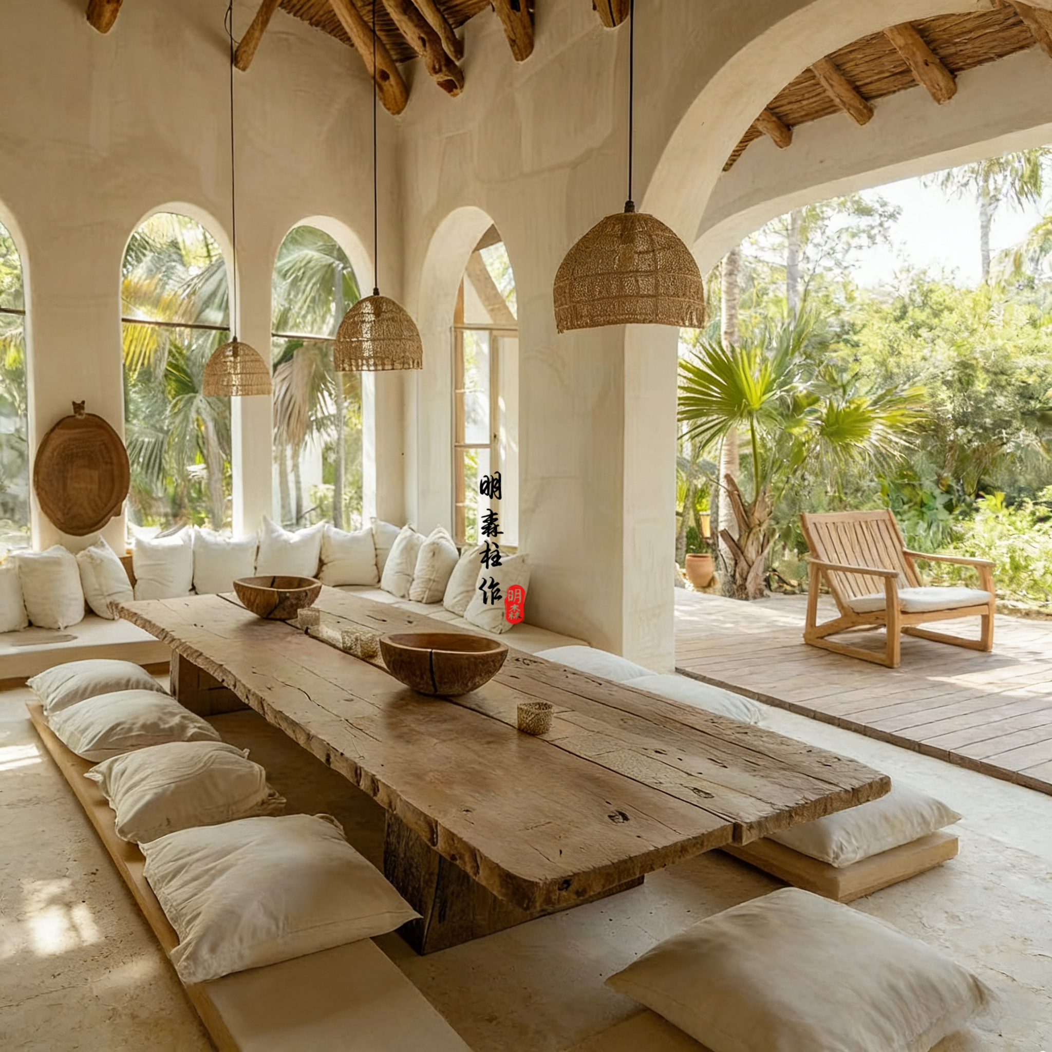 侘寂风家具原木老木茶台民宿空间会客矮茶桌中古风老木大板桌定制