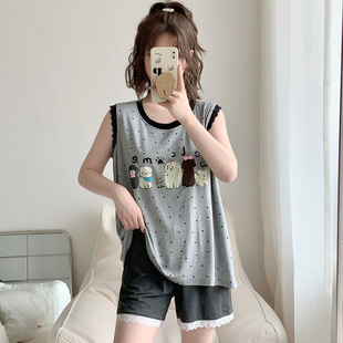 带胸垫蕾丝花边卡通宠物狗无袖 女夏可外穿 背心短裤 莫代尔睡衣套装