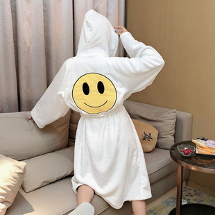 笑脸法拉绒浴袍秋冬情侣卡通系带连帽男女宽松睡衣珊瑚绒家居睡袍