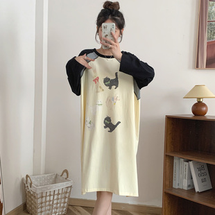 慵懒舒适松弛感卡通猫咪纯棉长袖睡裙女春秋宽松圆领家居服可外穿