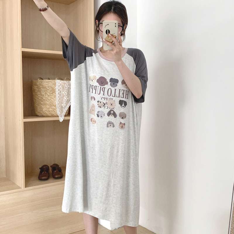 【带胸垫】卡通狗狗乐园薄款可爱夏季莫代尔插肩短袖睡裙女可外穿
