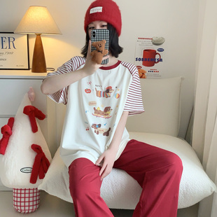 PINKWEO 卡通腊肠狗条纹拼色纯棉短袖长裤睡衣套装女宽松家居服夏