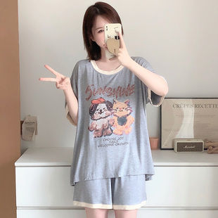 带胸垫 家居服薄款 卡通猫狗莫代尔短袖 睡衣女夏套装 可外穿 短裤